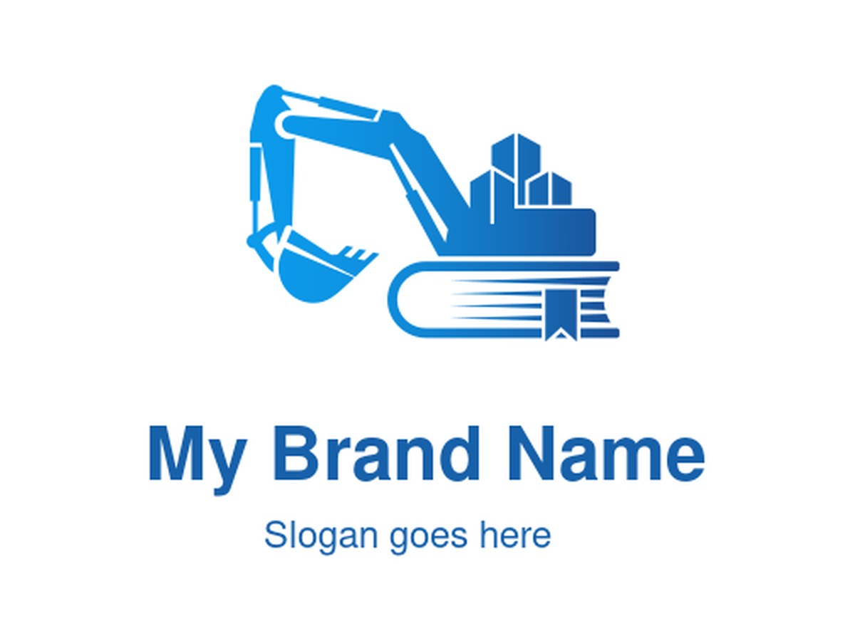 Blue Excavator Digger and Book with Buildings Logo for Construction Education and Project Management